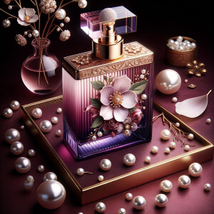 Imagine an exquisite perfume bottle as the centerpiece, rich in hue with a radiant purple gradient glass body. Embellished with a delicate floral motif, a single, elaborate flower painted in soft whites and subtle pinks rests upon the bottle. Curving gently around the flower is a string of lustrous pearls, adding a touch of elegance. The bottle's neck is adorned with a golden band, inset with intricate patterns and sparkling diamonds. Capping the bottle is a grand, spherical pearl that exudes sophistication. Around this central piece, we have a backdrop that enhances the bottle's luxury—a deep maroon surface upon which rests a scattering of pearls, a single, fallen petal, and an ornate golden twig with a pearl at its end. All elements combine to suggest opulence and style befitting the name 'Karen'.