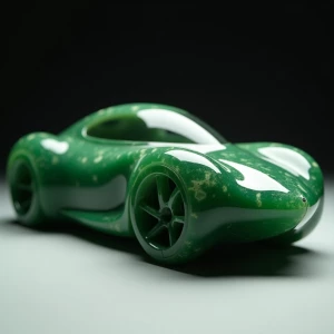 A futuristic car sleekly shaped from rich green jade. The polish...