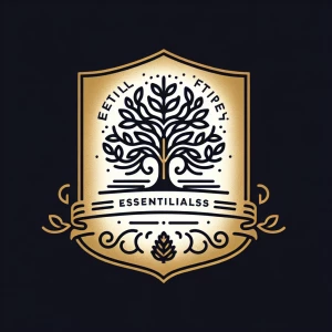 An elegant crest-style logo featuring detailed line art of a tree and a banner that wraps around the company’s name, all rendered in gold on a dark background.