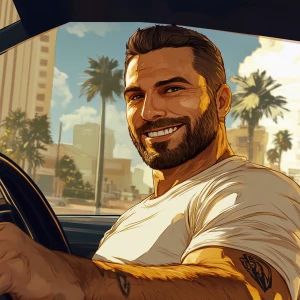 White muscular thin man with beard, big chin, smile and cheekbon...