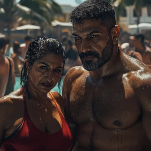 Create a realism photorealistic image of a muscular, sweaty man...
