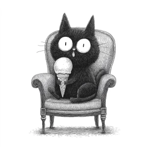 A cat sitting on a vintage reading chair with an ice cream cone...
