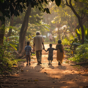 Indian grandparents and kids going for walk in park in Kerala
