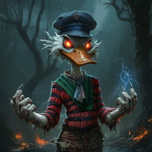 Anthropomorphic duck character in a dark, haunted forest, glowin...