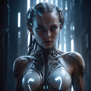 "A futuristic female warrior emerging from shadows, her skin a b...