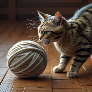 A playful cat batting at a ball of wool on a wooden floor, the w...