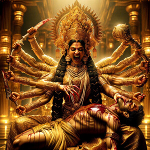 portrait of angry looking, four-armed indian goddess sitting on...