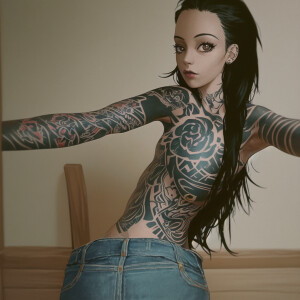 Interior selfie of a woman with tattoos, shot on a low camera qu...