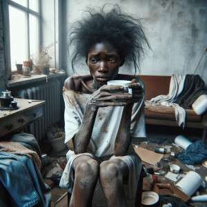 A hauntingly realistic portrayal of a skinny, disheveled ebony w...