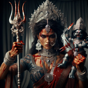 portrait of angry looking goddess durga cosplayer  carrying a mahishasur in her two arms and stabbing him with her amazingly designed trident. She is wearing a huge silver crown, red saree, abundant silver jewelry, covered in blood. The scene is set in ancient India. The image is 8K resolution, cinematic, ultra detailed face and epic.