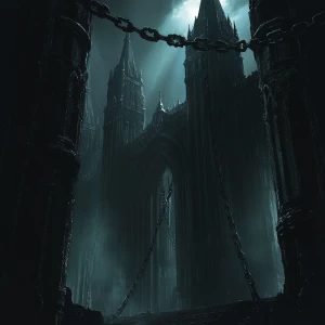 Create an image of an ancient cathedral shrouded in darkness, wi...