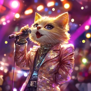 A graceful pop star cat inspired by Taylor Swift, with soft gold...
