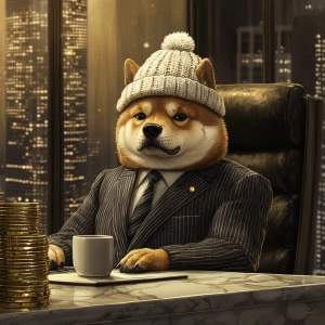 Dogwifhat meme Shiba Inu wearing a sleek pinstripe banker suit a...
