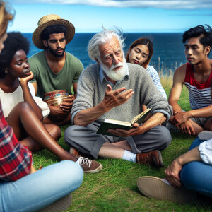 A gray-haired man sits on the grass near the sea and tells his s...