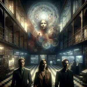 Two men and one woman standing in a maze of rooms