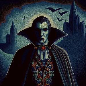 Create an image of a Mysterious Dracula using a pointillism tech...