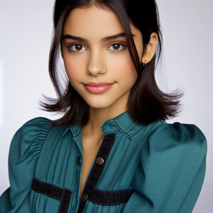 Photo of fair skinned young Latina woman with brunette hair, pet...