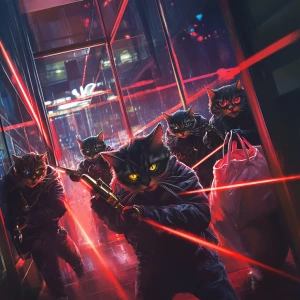 A gang of armed street cats in masks and streetwear breaking int...