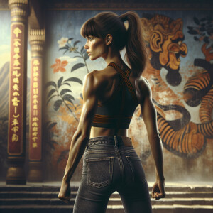 Athletic Thin skinny Attractive, Asian teenage girl, long brown hair and bangs, wearing tight skinny jeans and a halter top paint marks on her clothing, heroic pose Asian graffiti background, backside view