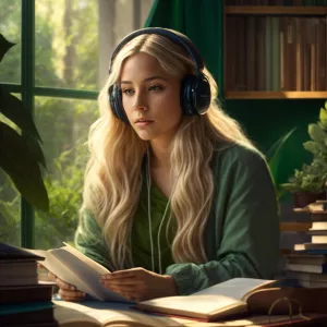 The image depicts an illustration of a young woman with long, li...