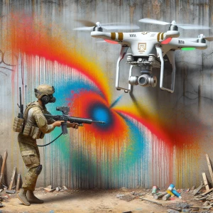 drone graffiti with male soldier operating it in a battlefield w...