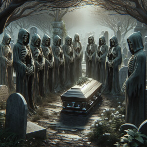 A crowd of hooded skeleton,staring down at a casket in a Cemeter...