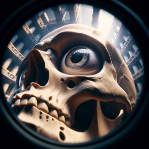 Skull looking up at the viewer with expressive eyes through a fi...