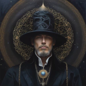 "Envision a hyper-realistic, surreal portrait of an enigmatic ma...