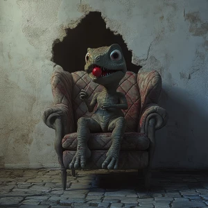 A cute, expressive young,  little dinosaur with a guilty expression, expressive eyes,  is sitting on a vintage oversized quilted reading chair. He has a red lollipop in his hand and is licking it. His tongue shows that he is licking the lollipop. The scene is shown in dark lighting with the light accented on the dinosaur. The scene is shown through a hole in the wall. The floor part of the scene is vintage cobble stones. The hole in the white plaster wall is realistic with some cracks.