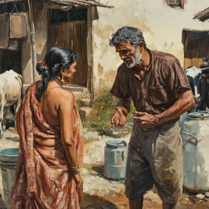 Realism art style,a muscular sweaty village head man talking to...