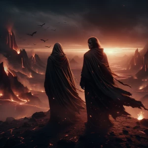 Ultra-photorealistic, cinematic wide shot of Jaelor and Laeria s...