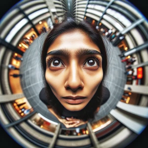 Female looking up at the viewer with expressive eyes through a f...