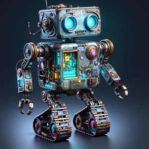 A whimsically wandering robot, constructed of mismatched parts a...