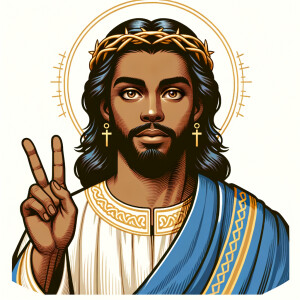 Create a beautiful African-American Jesus Christ with Hazel, brown eyes and blue and gold robe