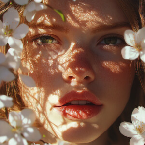 A hyper-ultra-realistic close-up of a young woman’s face illumin...