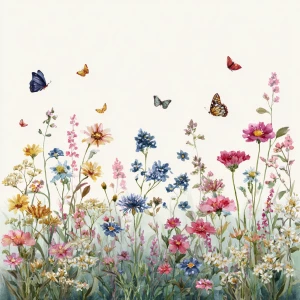 Wildflower field, butterflies flying, in vintage watercolor styl...