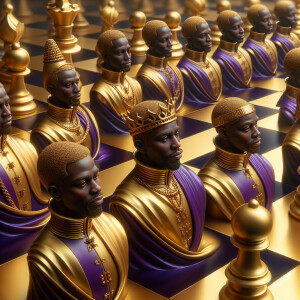 3-D realistic oil, painting, Oh a gold, and purple human chessbo...