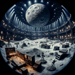 Fish eye picture of a sci-fi movie set on a movie about the moon...