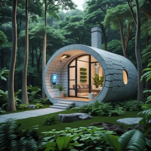 A futuristic microhom, of stone white incorporating smart home t...
