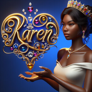 Craft a 3-D image showcasing the name 'KAREN' in a luxurious gol...