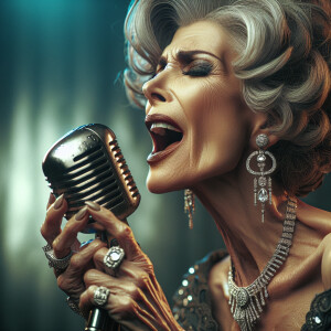 A mural image of Etta James singing behind a vintage microphone,...
