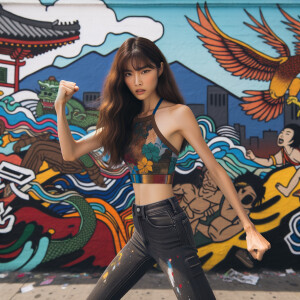 Athletic Thin skinny Attractive, Asian teenage girl, long brown hair and bangs, wearing tight skinny jeans and a halter top paint marks on her clothing, heroic pose Asian graffiti background