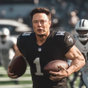 Elon Musk NFL player, there are many players around on the football field, the picture is in motion, in GTA style