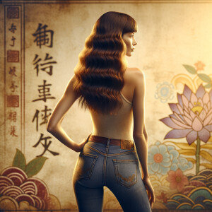 Athletic Thin skinny Attractive, Asian teenage girl, long brown hair and bangs, wearing tight skinny jeans and a halter top paint marks on her clothing, heroic pose Asian graffiti background, backside view