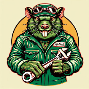 A  green rat fink in a mechanics jumpsuit holding a wrench in a...