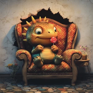 A cute little dinosaur with a fun, happy expression, is sitting on a vintage quilted reading chair.  His head shows the nobbed spikes of a dinosaur. He has a bright shiny red lollipop in his hand and is licking it. His tongue shows that he is licking the lollipop. The scene is shown in dark lighting with the light accetuated on the dinosaur. The scene is shown through a hole in the wall. The floor part of the scene is vintage dark cobble stones. The hole in the white wall is realistic.