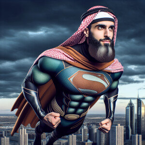 Superman as muslim superhero with long beard and muslim men dres...