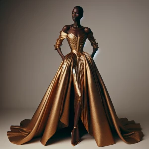 full body photography, head to toe photo, anok yai wearing avant garde gold gown