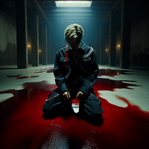 Eerie scene of a blonde military hair style man wearing all all...