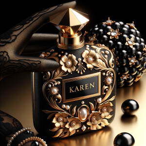 Design a fancy, black and gold bottle of perfume in the shape of a woman’s body. With a golden diamond top, flowers pearls and Diamonds in the name, Karen